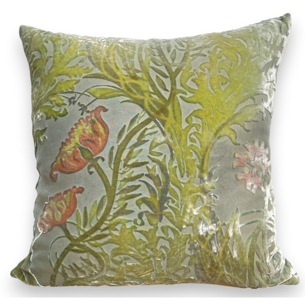 Kevin O'Brien Studio Pillow Green Floral Velvet Burnout Silk 18x18 New Read